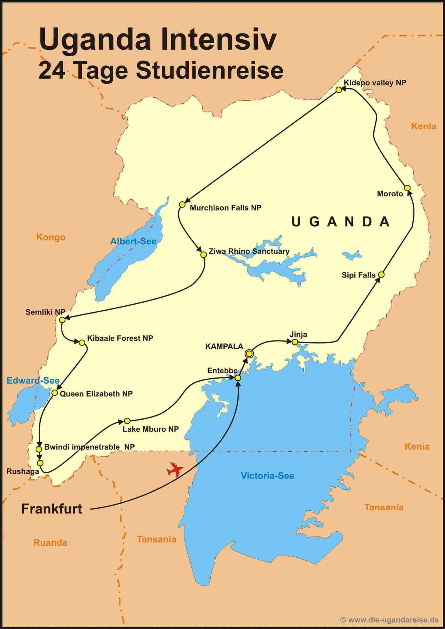 Reiseroute der Uganda Studienreise